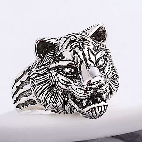 STERLING SILVER LION TIGER HEAD PUNK VIKING RING - Picture 2 of 6